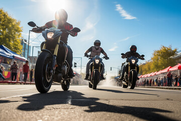 Obraz premium Column of motorcyclist travelers team driving on road. Generative AI