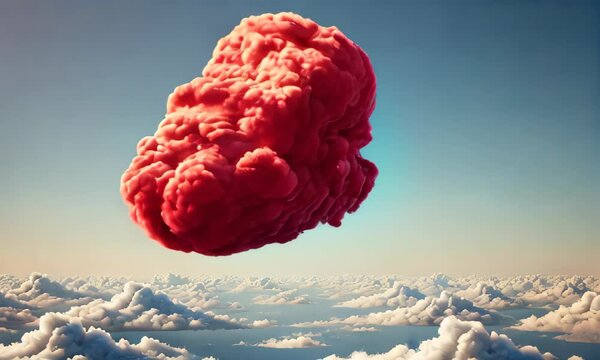A surreal floating fluffy red cloud hovering above a landscape of clouds against a clear blue sky