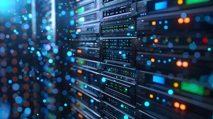 Fototapeta premium A closeup of an open server rack with colorful, blue and green computer hard degrees in the background.