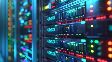Fototapeta premium A closeup of an open server rack with colorful, blue and green computer hard degrees in the background.