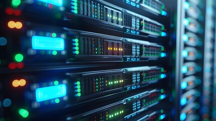 Obraz premium A closeup of an open server rack with colorful, blue and green computer hard degrees in the background.