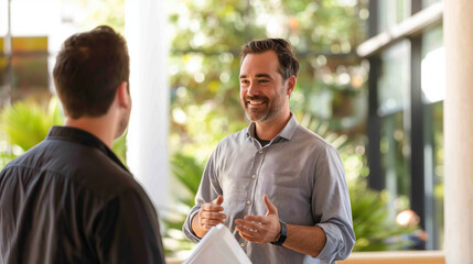 Two colleagues conversing outdoors, one holding a folder. Professional interaction in a modern, natural setting.