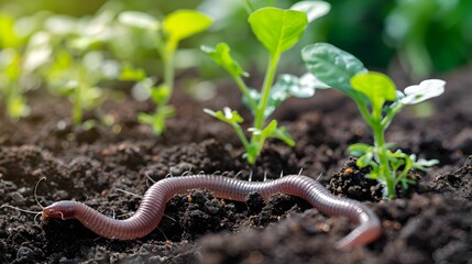 Detailed Shot of Earthworms Amid Sprouting Seedlings in Moist Fertile Soil