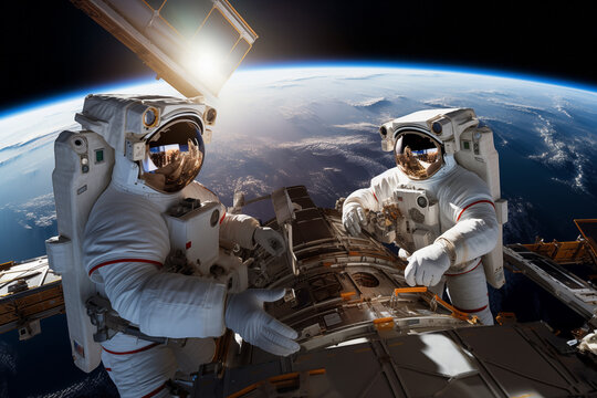 Two cosmonaut engineer repairing space shuttle in outer space. Generative AI