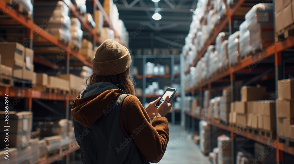 Poster professional project manager hands looking tablet while checking product at warehouse. start up smar