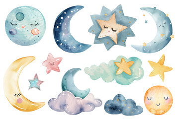 Delicate, magic childish illustration. Set of watercolor moon and stars. Fairy decoration, pastel color.