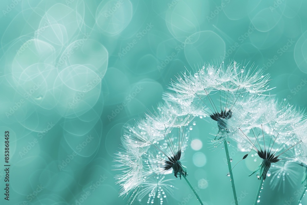 Poster nature macro with dew drops on dandelion seeds. beautiful blue and turquoise background with soft fo