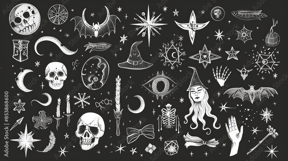 Wall mural A set of modern witch magic design elements. A collection of hand drawn, doodle, sketch wizards. Witchcraft symbols. Perfect for tattoos, textiles, cards, and mystery novels. - Wall murals