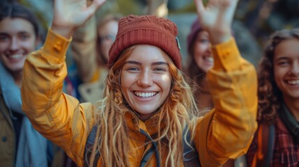 Obraz premium Friends giving each other high fives and feeling connected, boosting oxytocin.