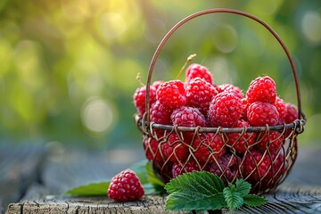Raspberries basket wooden table close up