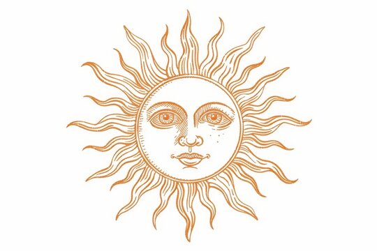 recommend clip art: Hand-drawn old astrological symbol with red rising sun face. Template for postcard, logo, label designs. Vintage illustration.