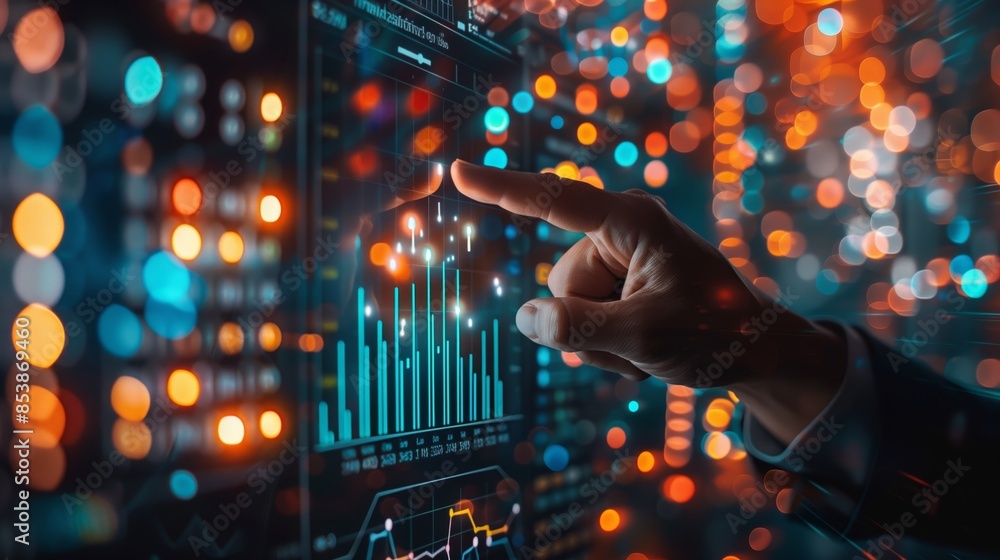 Poster businessmen use computers to analyze performance statements