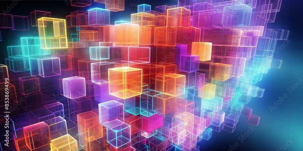 Poster a vibrant background of colorful, transparent cubes in various sizes, dynamic, three-dimensional abs