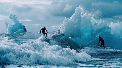people ice surfing for ice climbing with Generative Ai moutaineer winter landscape banner