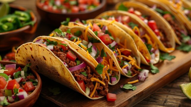 Binga Tcircos with various fillings and sides, such as ground beef tacos with cheese or chicken chalupas served on a wooden table