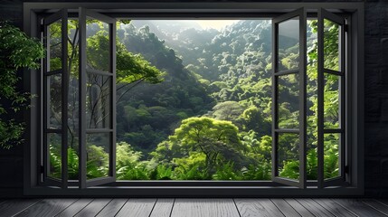 Lush Green Foliage Framed by Interior Window Offering Peaceful Outdoor Scene