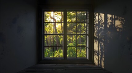 Fototapeta premium Serene Forest Scene Framed by Rustic Cabin Window