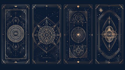 Alchemical esoteric mystical magic template for tarot cards, banners, leaflets, posters, brochures, stickers. Esoteric linear engravings with astrological symbol. Astrology celestial background.