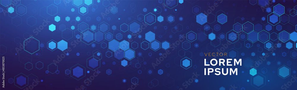 Poster Hexagonal Abstract Technology Background. Hexagons Pattern for Tech Communication Design. Hi-tech Cyber Hexagon Sci-Fi Game Banner Grid. Blue Science Vector Illustration.