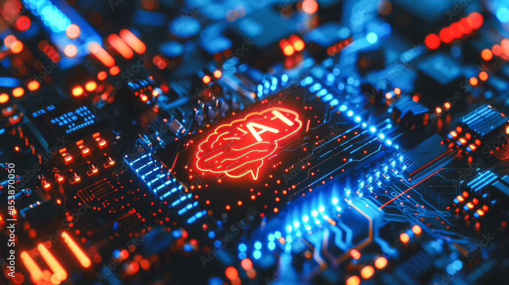Poster artificial intelligence and ai technology concept processor chip or mother board background llms
