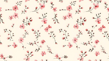Romantic Floral Pattern with Delicate Pink and White Flowers on Cream Background