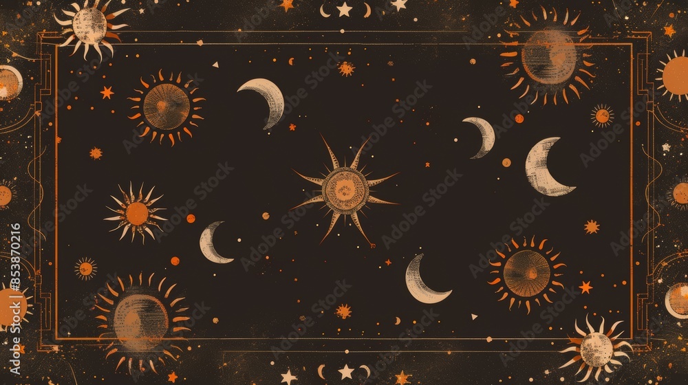 Wall mural the celestial rectangle is embellished with suns, stars, moon phases, crescents, and copy space. the - Wall murals