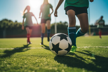 Obraz premium Children playing football on field. Generative AI