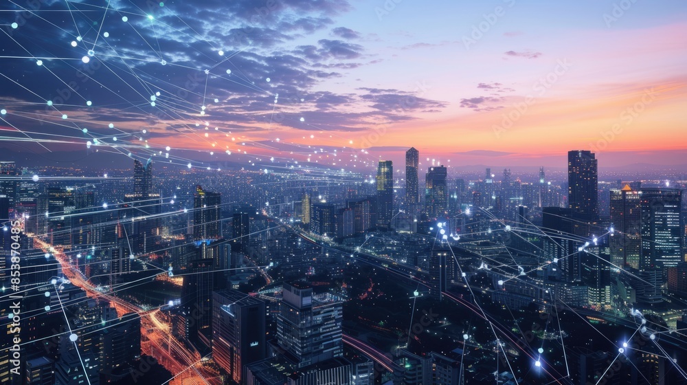 Poster smart city with connecting network and internet of things digital graphics over the skyline aig41