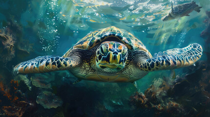 close-up turtle swimming near the surface underwater sea view from the front