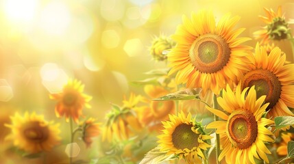 Fototapeta premium Sunflower on blurred sunny nature background. Horizontal agriculture summer banner with sunflowers field