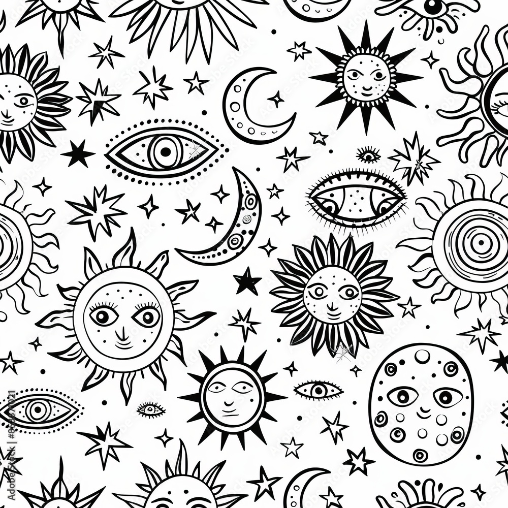 Poster an esoteric pattern with a crescent and sun with an eye. hand drawn line art on a white background. 