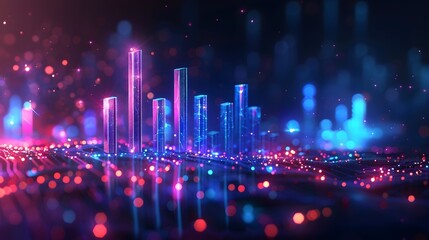A glowing bar graph rising upwards, representing an upward trend in stock market making and digitalures photo realistic, dark blue background, with purple highlights