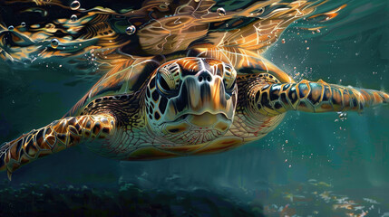 Fototapeta premium close-up turtle swimming near the surface underwater sea view from the front
