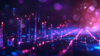 Obraz premium A glowing bar graph rising upwards, representing an upward trend in stock market making and digitalures photo realistic, dark blue background, with purple highlights