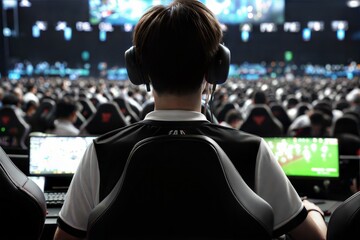 A competitive gamer wearing a headset, focused on a game at an esports tournament, with a large audience in the background. Ideal for gaming blogs, esports promotions, and technology articles.