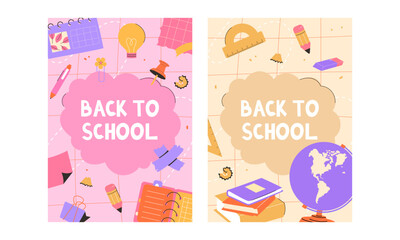 Back to school poster set. School supplies. Books, globe, notebook, pencil, stickers