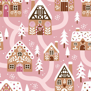Seamless vector pattern with hand drawn gingerbread houses and Christmas trees. Snowy landscape with winter village.  Perfect for textile, wallpaper or print design.