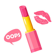 Bright pink glitter lipstick with lipstick kiss and dialog frame isolated on white background.
