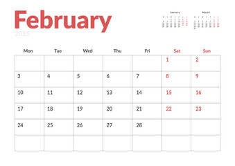 Monthly page Calendar Planner Template of February 2025. Vector layout of calendar with week start Monday for Scheduling. Page for size A4 or 21x29.7 cm