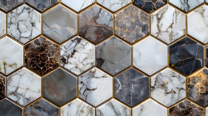 Fototapeta premium A hexagonal marble tile pattern with white, grey and brown hues. The tiles have gold trim around the edges in the style of traditional designs.