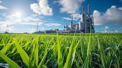 A modern sugarcane processing plant adjacent to vast green fields, highlighting the integration of agriculture and bioethanol production for renewable energy