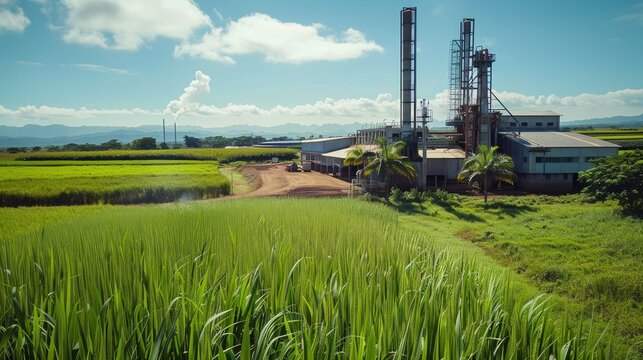 A modern sugarcane processing plant adjacent to vast green fields, highlighting the integration of agriculture and bioethanol production for renewable energy