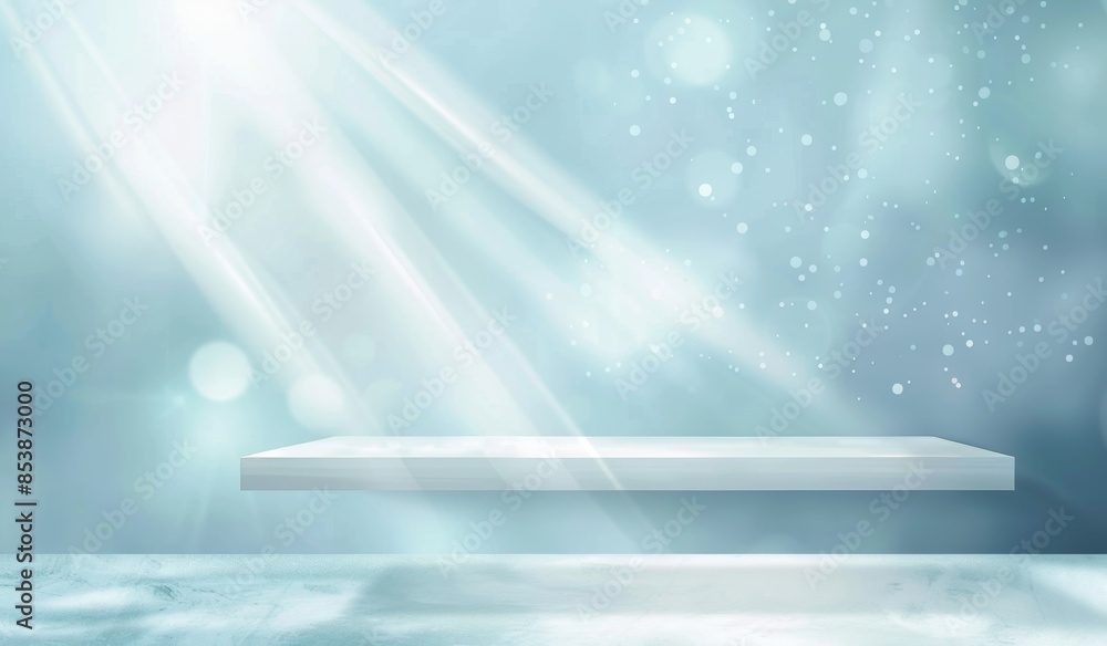 Aufkleber for a product presentation, a minimal abstract light blue background is used. the background feature