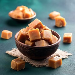 Cubes of jaggery in bowl 