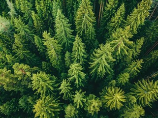 Summer green trees in a forest in rural Finland as seen from the air.