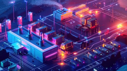 Obraz premium A futuristic neon-lit industrial complex at night, showcasing advanced technology and modern architecture with vibrant colors and lights.