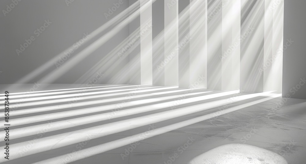 Poster intricate shadows from a window on a wall and an abstract light grey background for product presenta