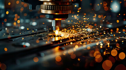 Hyper-realistic image of CNC laser cutting through metal vivid and bright sparks flying detailed view of the cutting process  intense and precise illumination modern 