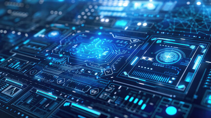 Fototapeta premium Blue advanced equipment future technology themed super computer background and interface for Generative Artificial Intelligence Room Backend Management System