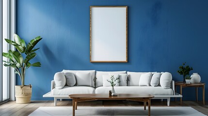 A living room with blue wall paint, white sofa and wooden coffee table. The style is minimalistic interior design. There's an empty picture frame on the wall above the couch.